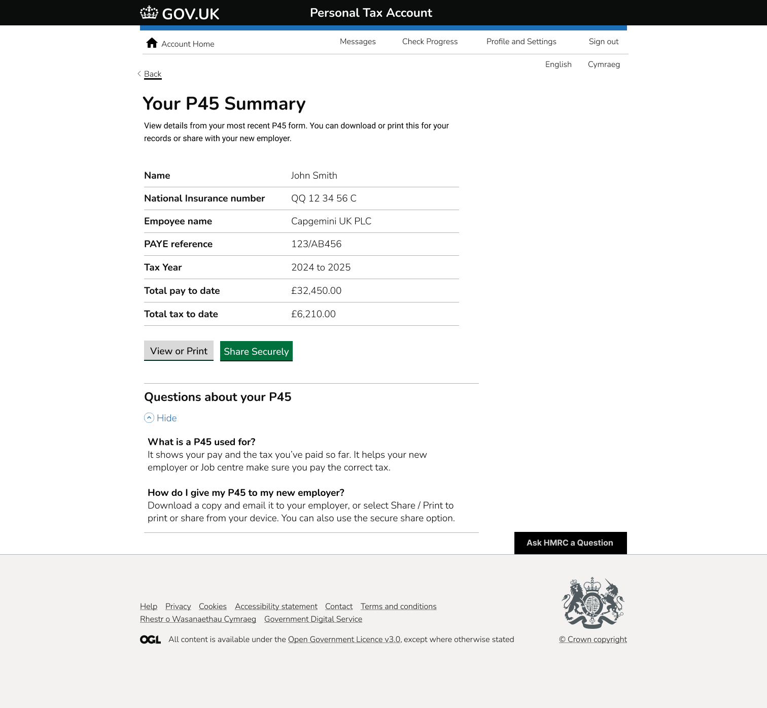 P45 summary page with employer details